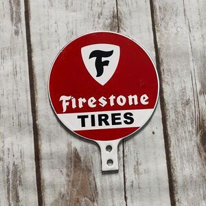 VINTAGE FIRESTONE TIRES 5" PORCELAIN METAL TIRE GASOLINE OIL LICENSE TOPPER SIGN